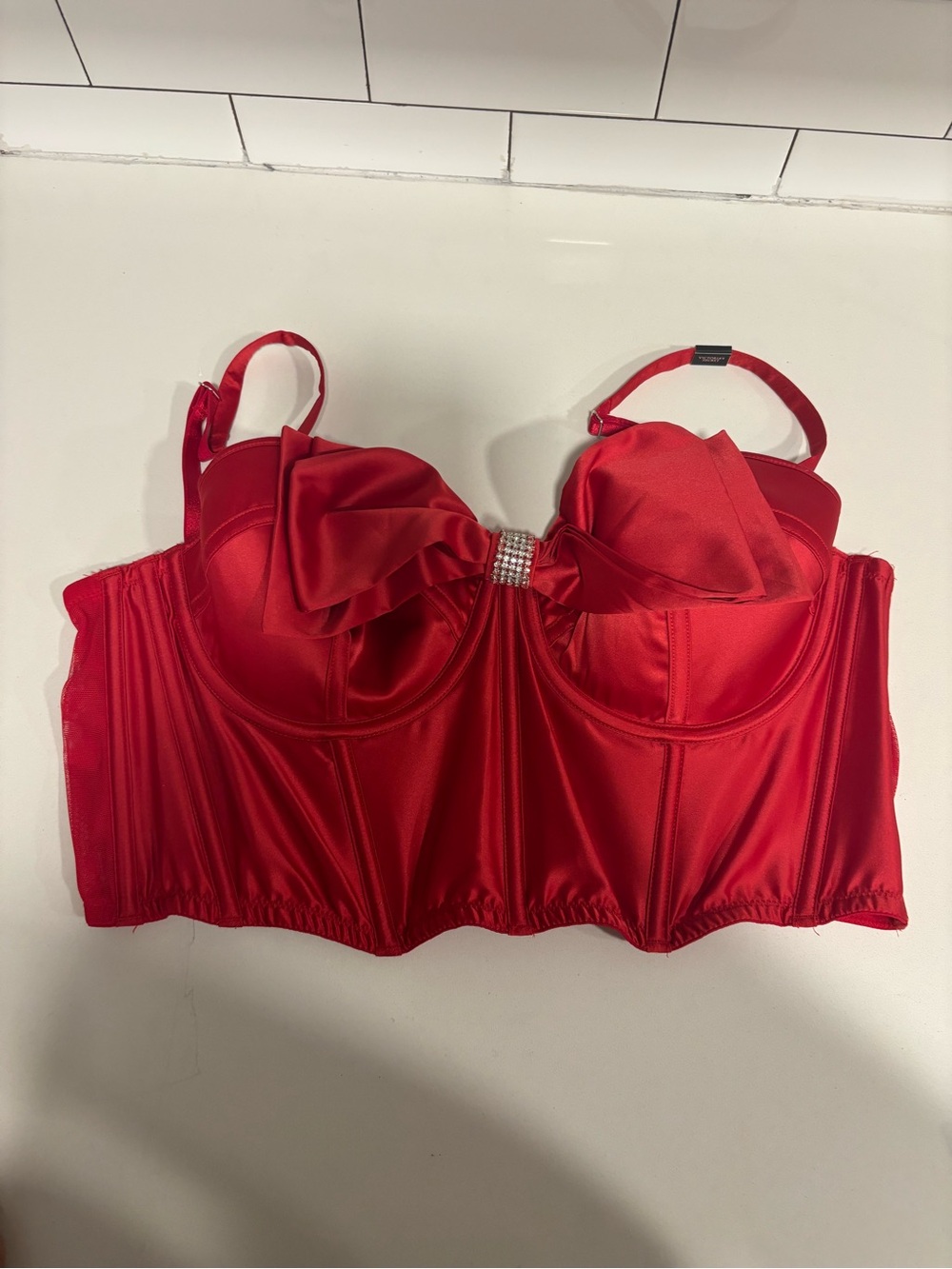 Victoria's Secret Red Satin Longline Bustier with Rhinestone Accent
